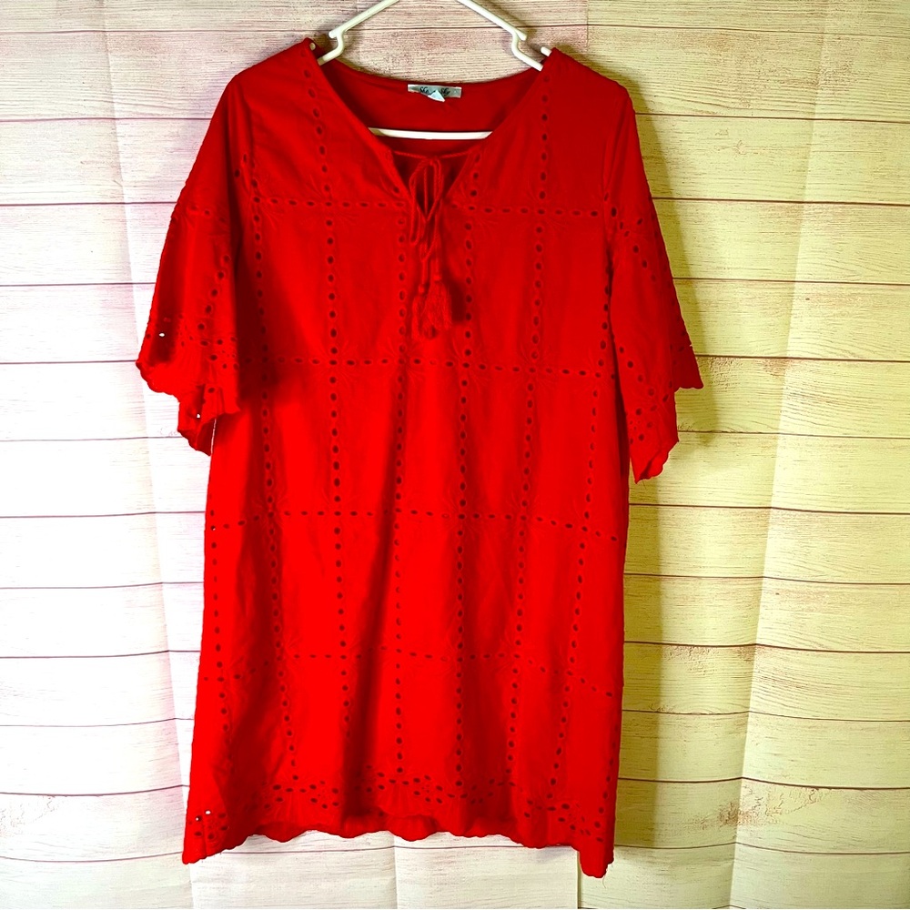 She &‎ Sky Burnt Orange Eyelet Overlay Tie Neck Tassel  Dress Size Large